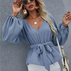 ⭐️ 3/$25 NEW SHEIN Raglan Sleeve Belted V Neck Blouse Dusty Blue Size Large